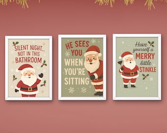 Funny Santa Bathroom Art Prints, Holiday Humor Decor (Digital Download)