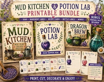 Printable Mud Kitchen & Potion Recipe Bundle | Includes Bonus Potion Lab Signs and Labels | Nature Play Activities for Kids