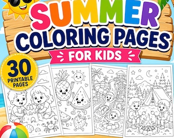 Summer Coloring Pages for Kids Printable Bundle, 30 Summer Activity Sheets, Beach Camping Road Trip Coloring Book, Instant Download PDF