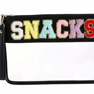 Handcrafted Chenille Letter Clear Snacks Travel Pouch with Straps - Unique Monogrammed Bag for Travelers