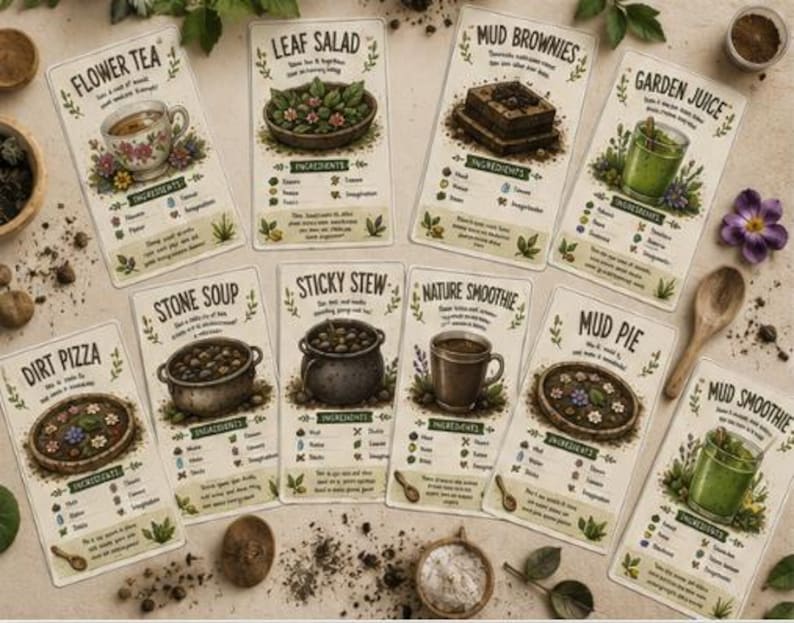 Puede incluir: Una colecci&oacute;n de diez tarjetas de recetas rectangulares con ilustraciones caprichosas de platos con tem&aacute;tica natural como Flower Tea, Leaf Salad, Mud Brownies, Garden Juice, Dirt Pizza, Stone Soup, Sticky Stew, Nature Smoothie, Mud Pie y Mud Smoothie.