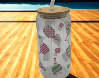Pickleball Glass Tumbler with Bamboo Lid & Straw: Sports Lover Iced Coffee Cup