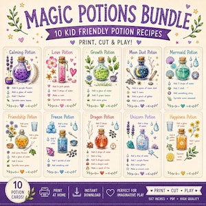 Op de afbeelding: Een kleurrijke Magic Potions Bundle met 10 kindvriendelijke recepten voor drankjes. Elke receptkaart toont een ander drankje, zoals de Kalmerende Drank, Liefdesdrank en Zeemeermindrank, met geïllustreerde ingrediënten en instructies.