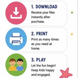 Puede incluir: Una colorida infograf&iacute;a titulada "HOW IT WORKS" con tres pasos: Descargar, Imprimir y Jugar. Cada paso va acompa&ntilde;ado de una descripci&oacute;n y un icono correspondiente: una flecha de descarga, una impresora y dos ni&ntilde;os. Una estrella de mar est&aacute; en la esquina inferior derecha.