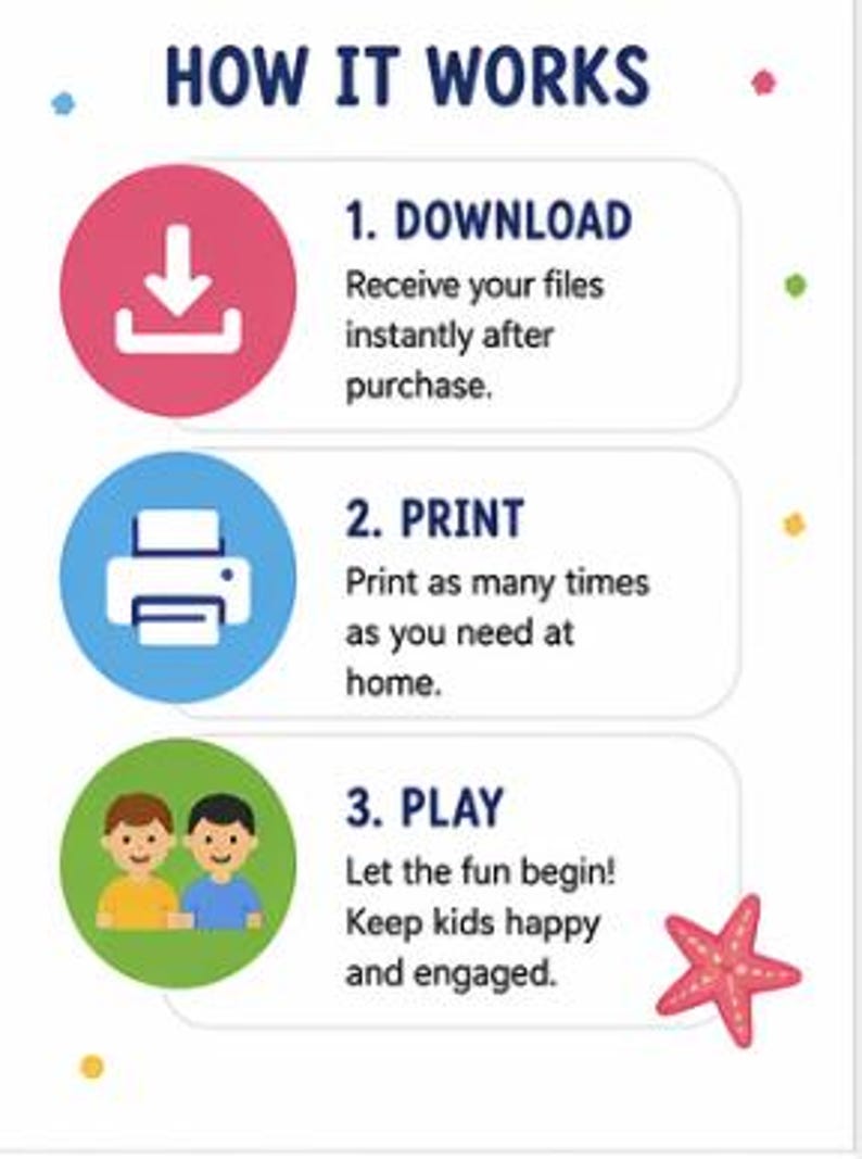 Puede incluir: Una colorida infograf&iacute;a titulada "HOW IT WORKS" con tres pasos: Descargar, Imprimir y Jugar. Cada paso va acompa&ntilde;ado de una descripci&oacute;n y un icono correspondiente: una flecha de descarga, una impresora y dos ni&ntilde;os. Una estrella de mar est&aacute; en la esquina inferior derecha.