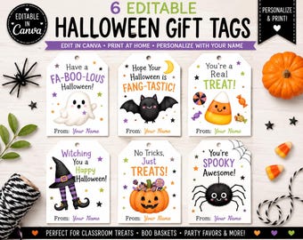 Editable Halloween Gift Tags, Halloween Classroom Treat Tags, Kids Boo Basket Tags, Teacher Student Gift Tags, Canva Template