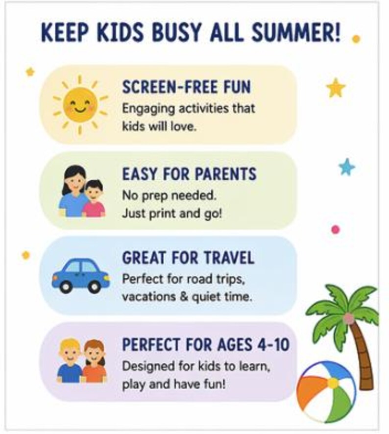 Puede incluir: Un gr&aacute;fico colorido con el texto "KEEP KIDS BUSY ALL SUMMER!" e ilustraciones. La imagen incluye un sol sonriente, una familia, un coche azul y ni&ntilde;os. El texto destaca la diversi&oacute;n sin pantalla, la facilidad para los padres, los viajes y las edades de 4 a 10 a&ntilde;os.