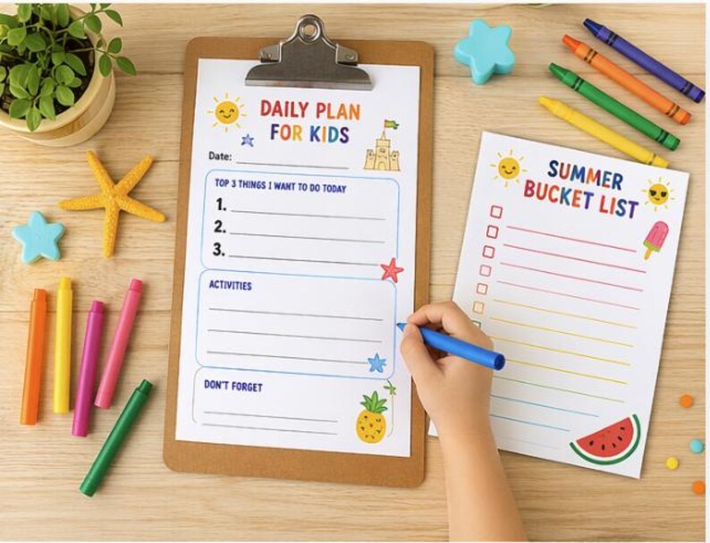Puede incluir: Un portapapeles de madera con una hoja de "Plan Diario para Ni&ntilde;os" y una hoja de "Lista de Deseos de Verano", junto con crayones coloridos, decoraciones en forma de estrella y una peque&ntilde;a planta en maceta. Una mano sostiene un bol&iacute;grafo azul, escribiendo en la lista.