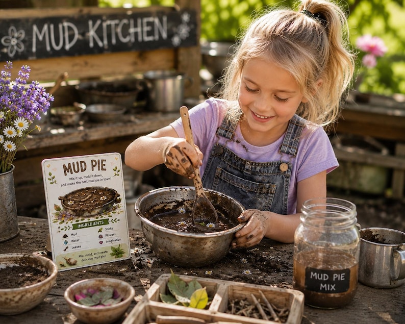 Puede incluir: Un ni&ntilde;o con camiseta lavanda y peto vaquero remueve barro en un cuenco de metal con una cuchara de madera. Un cartel dice MUD PIE, enumerando ingredientes como barro, agua, hojas, palos y flores. Un frasco de cristal tiene la etiqueta MUD PIE MIX.