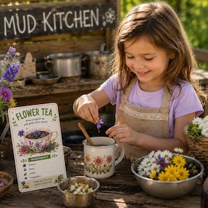 Puede incluir: Una taza de esmalte blanco con un patr&oacute;n floral, una cuchara de madera y un letrero rectangular etiquetado como Flower Tea con instrucciones y listas de ingredientes. El letrero presenta un gr&aacute;fico de una taza de t&eacute; floral y texto que incluye Brew a magical tea with petals from nature e Ingredients.