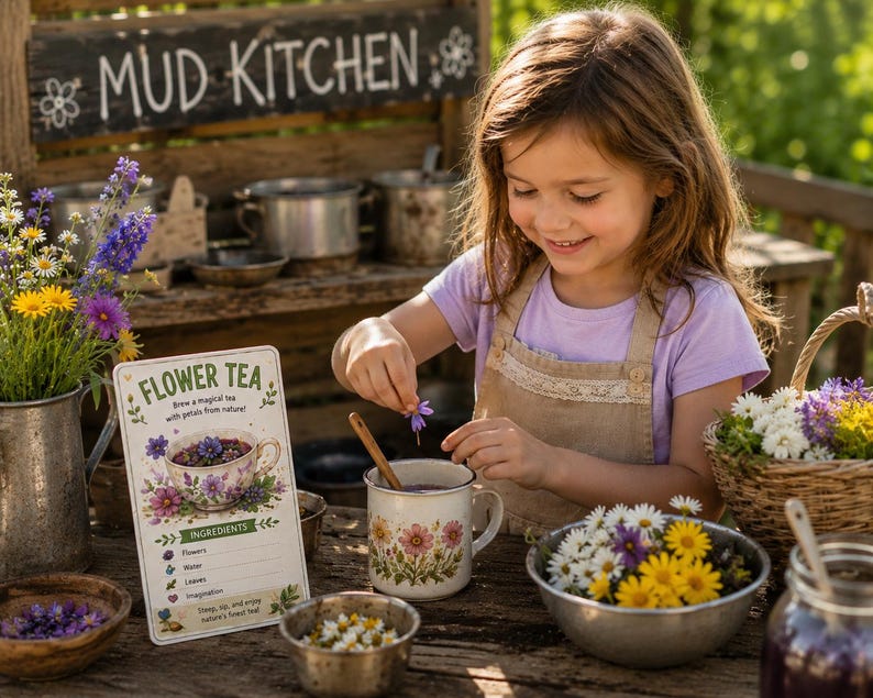 Puede incluir: Una taza de esmalte blanco con un patr&oacute;n floral, una cuchara de madera y un letrero rectangular etiquetado como Flower Tea con instrucciones y listas de ingredientes. El letrero presenta un gr&aacute;fico de una taza de t&eacute; floral y texto que incluye Brew a magical tea with petals from nature e Ingredients.