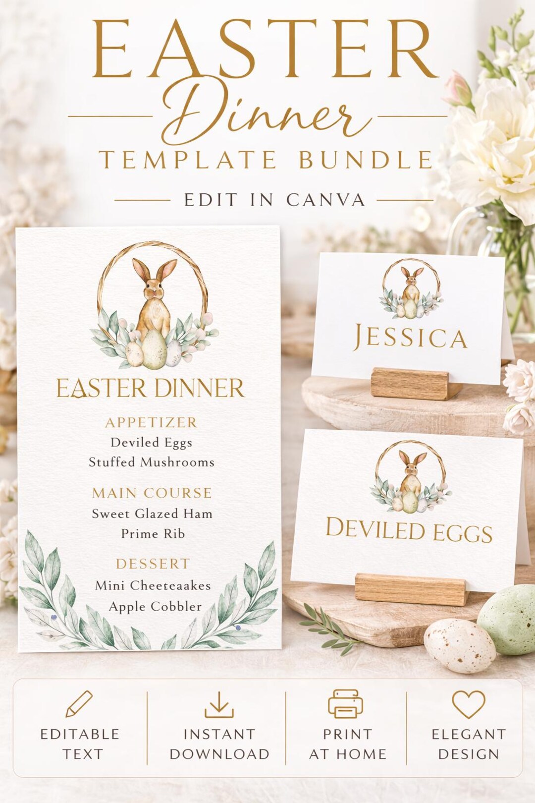 Editable Easter Dinner Menu Bundle | Watercolor Bunny Place Cards, Food ...