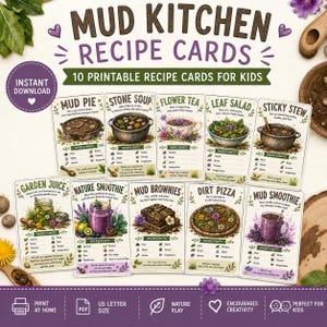 Puede incluir: Un conjunto de diez tarjetas de recetas imprimibles para niños, con ilustraciones caprichosas y recetas para creaciones de cocina de barro como Mud Pie, Stone Soup y Dirt Pizza. Las tarjetas están diseñadas para el juego en la naturaleza y fomentan la creatividad.