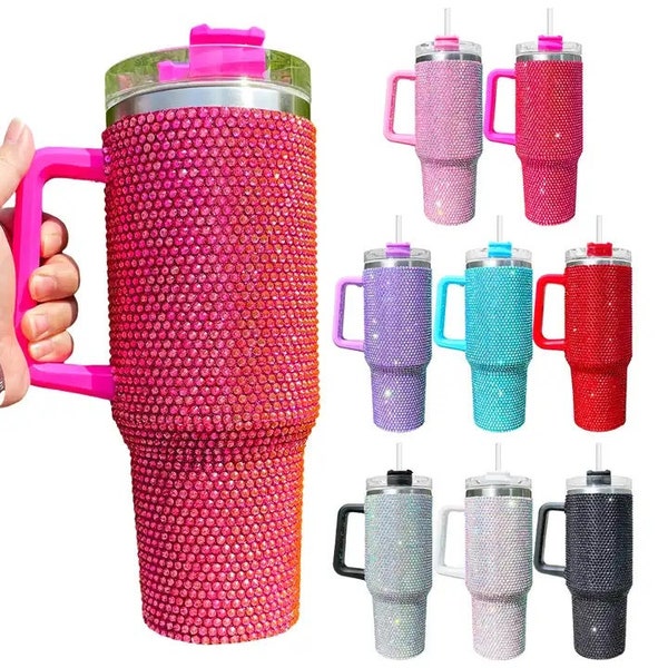 Glittering Rhinestone 40oz Insulated Tumbler Cup Holder Friendly with Handle- Sparkle and Convenience in One!