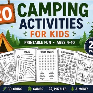 Puede incluir: Ilustración colorida de un libro de actividades con temática de camping para niños. La portada presenta el texto "20 Actividades de Camping para Niños" y "Diversión Imprimible Edades 4-10." Incluye páginas para colorear, laberintos, búsquedas de palabras y más. También se muestra una tienda de campaña, una fogata y una linterna.