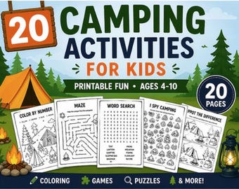 Camping Activity Bundle for Kids Printable | 20 Camping Coloring Pages Games Worksheets PDF Ages 4-10