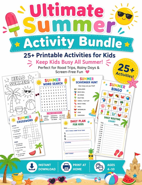 Kids Summer Activity Bundle Printable | Summer Activity Pack, 25+ Pages, Worksheets, Games, Bucket List, Planner for Kids PDF