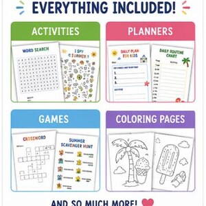 Puede incluir: Una imagen colorida que muestra varias p&aacute;ginas de actividades. La imagen incluye secciones etiquetadas como "Actividades", "Planificadores", "Juegos" y "P&aacute;ginas para colorear". Las actividades incluyen una b&uacute;squeda de palabras y "I Spy Summer". Los planificadores presentan planes diarios y gr&aacute;ficos de rutina. Los juegos incluyen un crucigrama y una b&uacute;squeda del tesoro. Las p&aacute;ginas para colorear presentan una palmera y un helado.