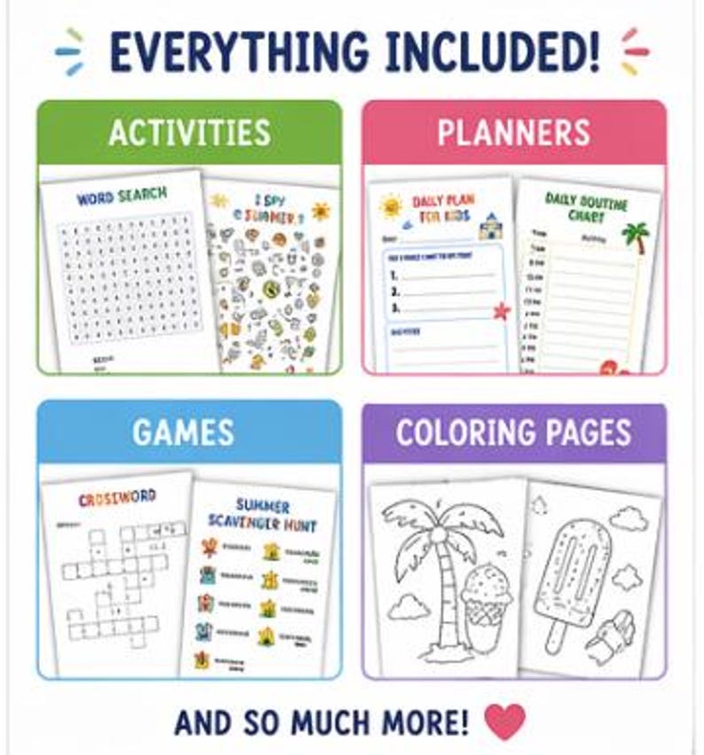 Puede incluir: Una imagen colorida que muestra varias p&aacute;ginas de actividades. La imagen incluye secciones etiquetadas como "Actividades", "Planificadores", "Juegos" y "P&aacute;ginas para colorear". Las actividades incluyen una b&uacute;squeda de palabras y "I Spy Summer". Los planificadores presentan planes diarios y gr&aacute;ficos de rutina. Los juegos incluyen un crucigrama y una b&uacute;squeda del tesoro. Las p&aacute;ginas para colorear presentan una palmera y un helado.