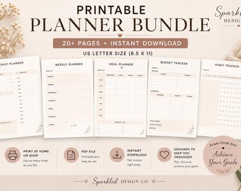 All In One Printable Planner Bundle 20+ Pages | Undated Planner Kit | Daily Weekly Planner | Minimalist Planner PDF US Letter