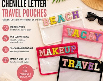 Handcrafted Chenille Letter Clear Snacks Travel Pouch with Straps - Unique Monogrammed Bag for Travelers