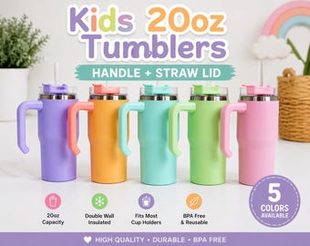 20oz Kids Tumbler With Handle & Straw | Stainless Steel Insulated Cup | Personalized Kids Cup | Engraving Blank | DTF Ready Tumbler