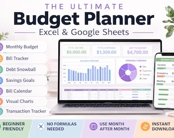 Budget Planner Excel Google Sheets | Paycheck Budget | Monthly Budget Spreadsheet | Bill Tracker | Couples Budget | Debt Tracker | Finance