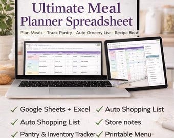 Meal Planner Spreadsheet Google Sheets  Excel | Recipe Organizer | Auto Grocery List | Pantry Tracker | Calorie & Macro Tracker