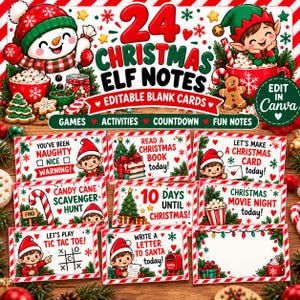 Kit de Atividades do Elfo, Cartões de Natal do Elfo para Imprimir, 24 Cartões de Natal do Elfo e Modelo Editável