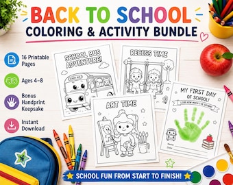 Back to School Coloring Pages Bundle | 15 Printable School Coloring Sheets + Handprint Keepsake | Preschool First Day Activities