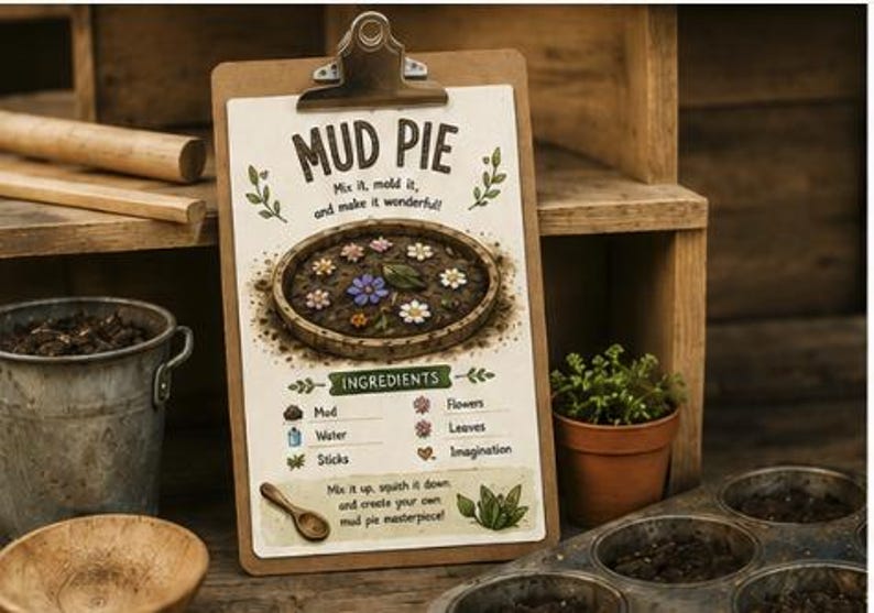 Puede incluir: Un portapapeles marr&oacute;n con una receta impresa para un pastel de barro. El texto dice MUD PIE, Mix it, mold it, and make it wonderful!, INGREDIENTS, Mud, Water, Sticks, Flowers, Leaves, Imagination, y Mix it up, squish it down, and create your mud pie masterpiece!