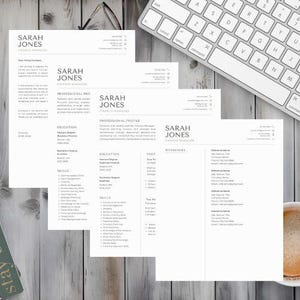 May include: A black and white resume template with the name Sarah Jones and the title Finance Manager. The resume includes sections for professional profile, education, skills, and references.