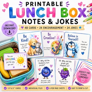 Puede incluir: Un conjunto de notas y chistes imprimibles para loncheras que incluye 48 tarjetas con ilustraciones coloridas de animales, comida y textos motivadores. Las tarjetas incluyen frases como Be Kind, Be Creative, Believe in Yourself y varios chistes.