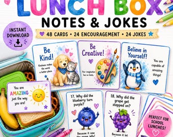 48 Printable Lunch Box Notes & Jokes | Kids Lunchbox Cards | Back to School Lunch Notes | Encouragement Cards | Instant Download