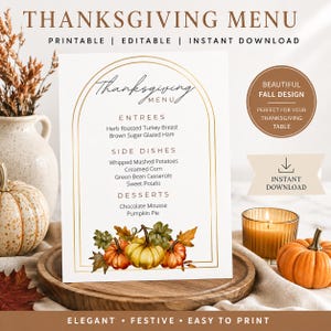 Anpassningsbar Thanksgiving-menymall, elegant gulddesign (digital nedladdning)