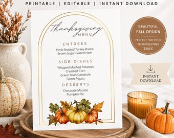 Customizable Thanksgiving Menu Template, Elegant Gold Design (Digital Download)