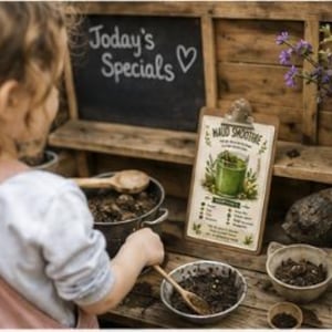 Puede incluir: Una cocina de juguete de madera con una pizarra que dice Today's Specials y un coraz&oacute;n. Un portapapeles muestra un men&uacute; titulado Maud Smoothie con una ilustraci&oacute;n de una bebida verde. Cuencos de metal, cucharas de madera y flores moradas.