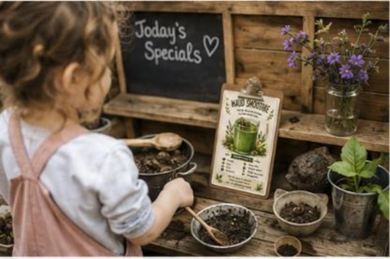 Puede incluir: Una cocina de juguete de madera con una pizarra que dice Today's Specials y un coraz&oacute;n. Un portapapeles muestra un men&uacute; titulado Maud Smoothie con una ilustraci&oacute;n de una bebida verde. Cuencos de metal, cucharas de madera y flores moradas.