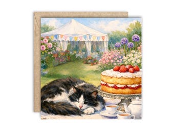 Tuxedo Cat Birthday Card - Floral Illustration - Cat Lover Gift - Black & White Cat Greeting Card, Blank Inside