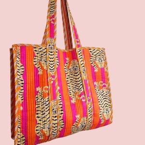 Handmade Quilted Tote Shopping Bag, TIger Print Cotton Market Bag, Jhola Bag, Hippie Bag, Market Bag Reversible Carry Bag, Beach Bag