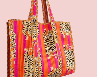 Handmade Quilted Tote Shopping Bag, TIger Print Cotton Market Bag, Jhola Bag, Hippie Bag, Market Bag Reversible Carry Bag, Beach Bag