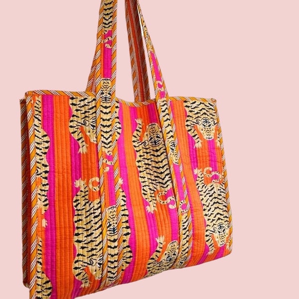 Handmade Quilted Tote Shopping Bag, TIger Print Cotton Market Bag, Jhola Bag, Hippie Bag, Market Bag Reversible Carry Bag, Beach Bag