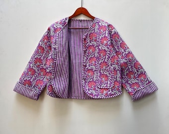 Hand Block Print Quilted Kimono Jacket: Indian Floral Cotton Coat