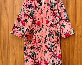 Bird Print Velvet Kimono Robe: Handmade Cotton Velvet Jacket