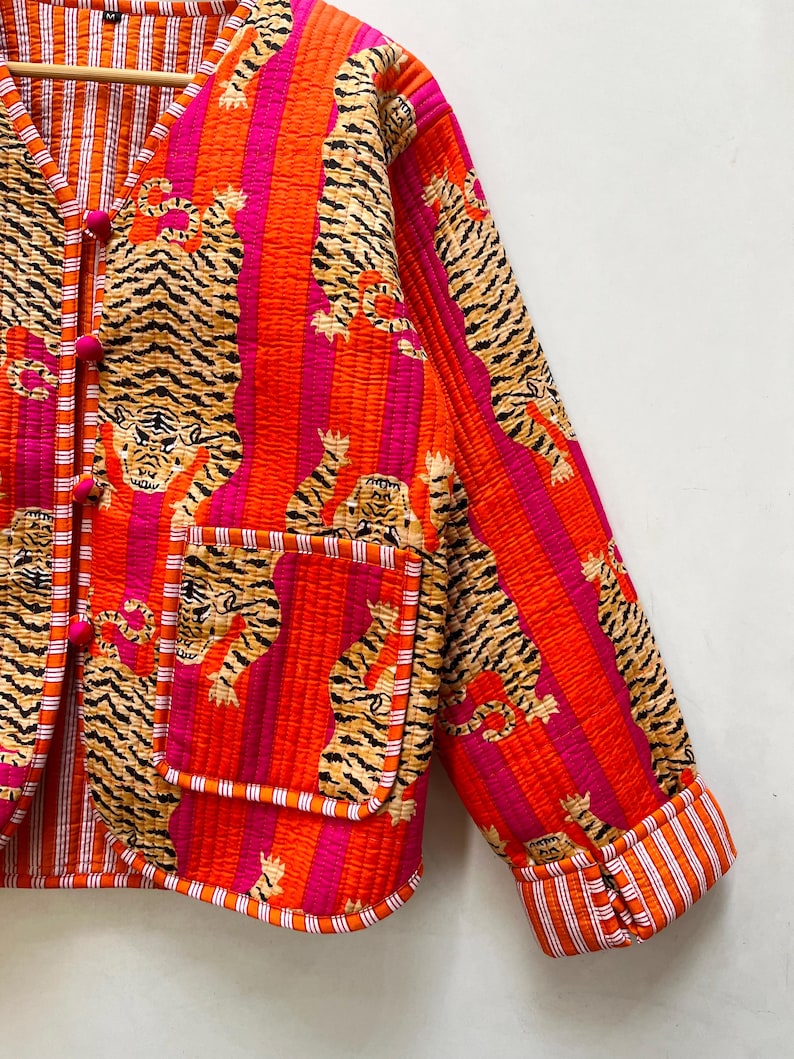 Tiger Print Quilted Jacket Block Printed Boho Style Quilted Handmade