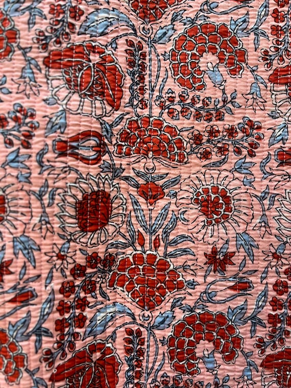 Hand Block Print Quilted Kimono Jacket: Indian Floral Cotton Coat