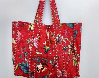 Borsa tote floreale multicolore reversibile grande stampata a mano in cotone trapuntato Borsa Boho fatta a mano per la spesa robusta e sostenibile ecologica