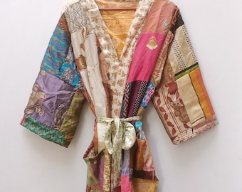 Patchwork Silk Kimono Robe: Vintage Indian Gown