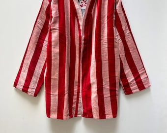 Handmade Red Velvet Kimono Robe - Striped Boho Jacket
