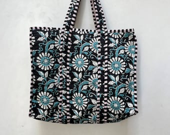 Gesteppte Baumwolle handbedruckt reversibel große mehrfarbige Blumen Einkaufstasche Umweltfreundliche nachhaltige robuste Einkaufstasche handgemachte Boho Tasche